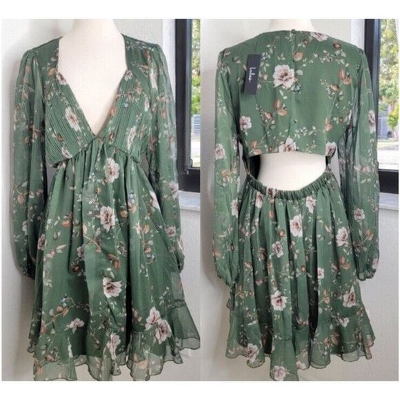 Lulu's endless charisma Green Floral pleated open back chiffon Mini Dress Medium - Picture 3 of 12